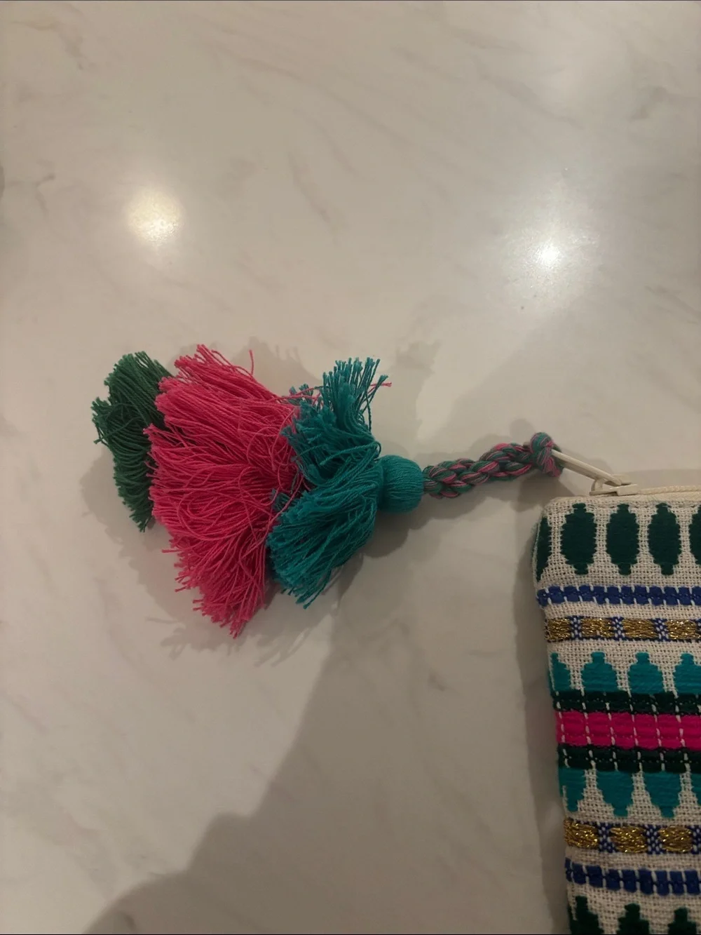 Embroidered Tassel Zip Pouch in Green, Teal & Pink